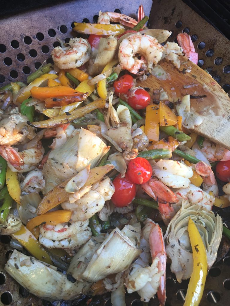 Grilled Shrimp with Artichoke, Asparagus, Yellow Pepper, and Cherry Tomatoes