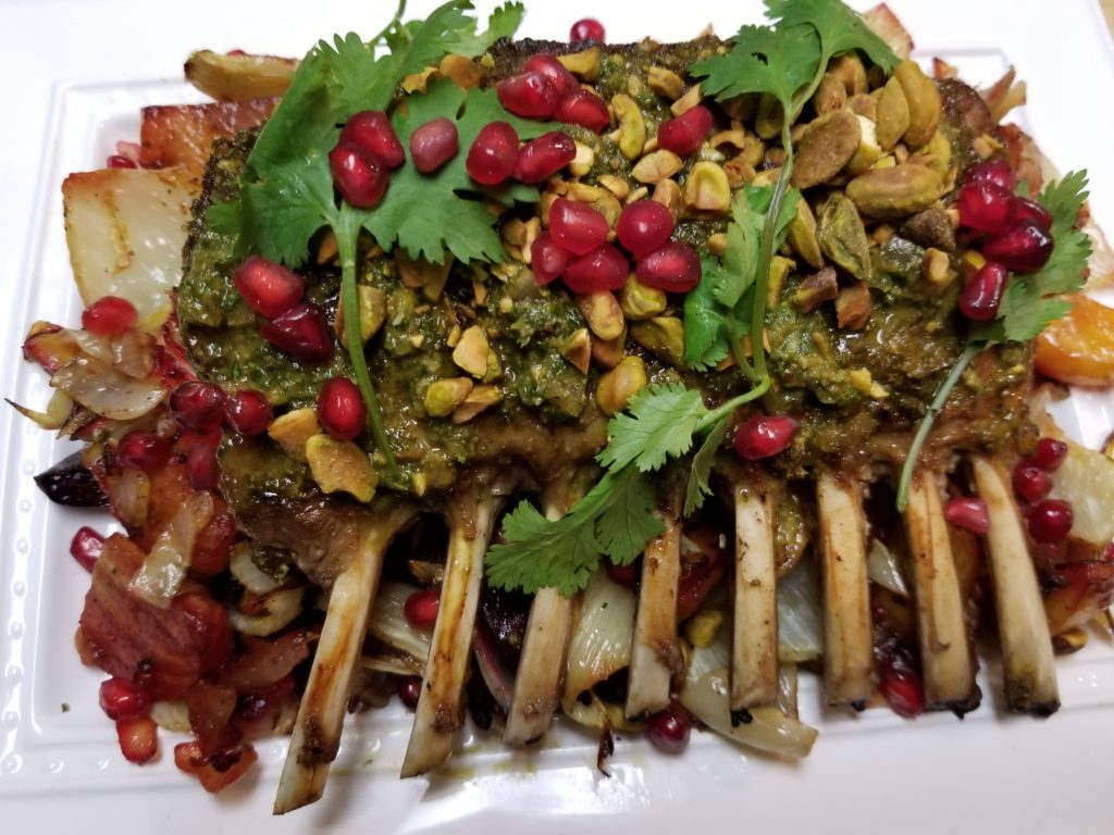 Rack of Lamb with Chermoula and Preserved Lemon with Roasted Fennel and Beets, Pistachios, and Pomegranates