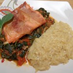 Salmon Wrapped in Prosciutto with Kale, Tomato and Basil Sauce