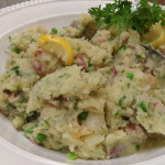 Smashed Potatoes with Olive Oil, Caramelized Pearl Onions, Lemons, Dill, and Parsley