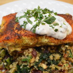 Sumac Spiced Salmon with Freekeh, Kale, Date and Almond Pilaf