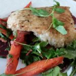 Dukkah Spiced Cod with Warm Beet, Carrot, Almond and Arugula Salad