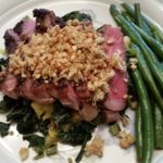 Steak with Grains of Paradise with a Peanut-Ginger Garnish and Mashed Plantains and Collards