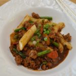 Beef with Korean Rice Cakes, Asparagus, Carrots and Spicy Black Bean Sauce